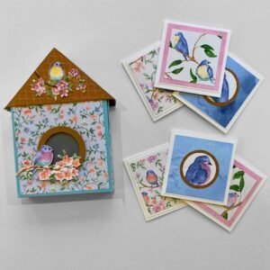 Cute Papercraft birdhouse box which holds greeting cards made with Stampin' Up! flight and airy or birds and branches stamps and papers