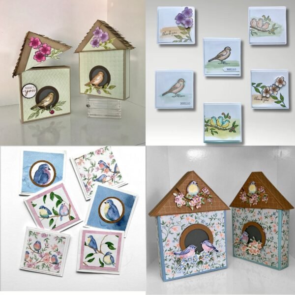 Cute Papercraft birdhouse box which holds greeting cards made with Stampin' Up! flight and airy or birds and branches stamps and papers