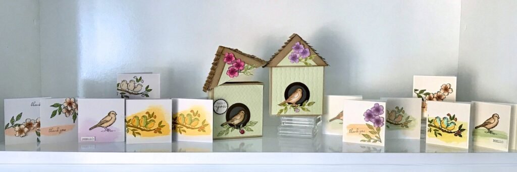 Cute Papercraft birdhouse box which holds greeting cards made with Stampin' Up! flight and airy or birds and branches stamps and papers