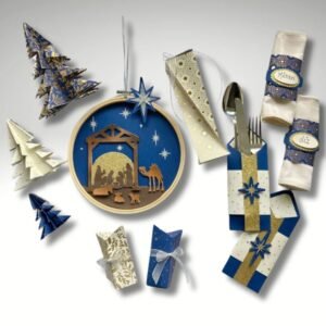 Festive decor, paper craft class featuring boxes, home decor and table settings for Christmas