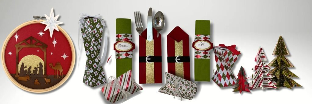 Festive decor, paper craft class featuring boxes, home decor and table settings for Christmas