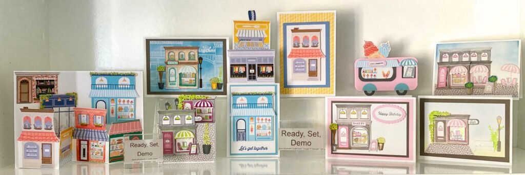 Cards made for online class using the let's go shopping bundle from Stampin' Up! Fancy folds and 3-D items included