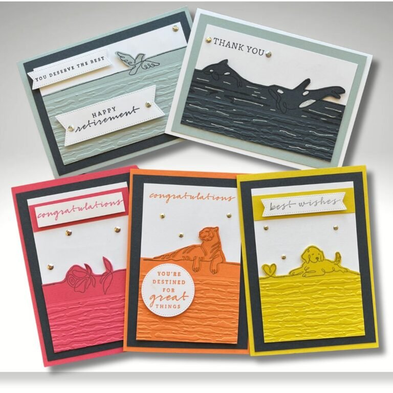 5 cards made with the Along These Lines stamps from Stampin' Up! Line art giving a fussy cut edge to In Color 2025 cards