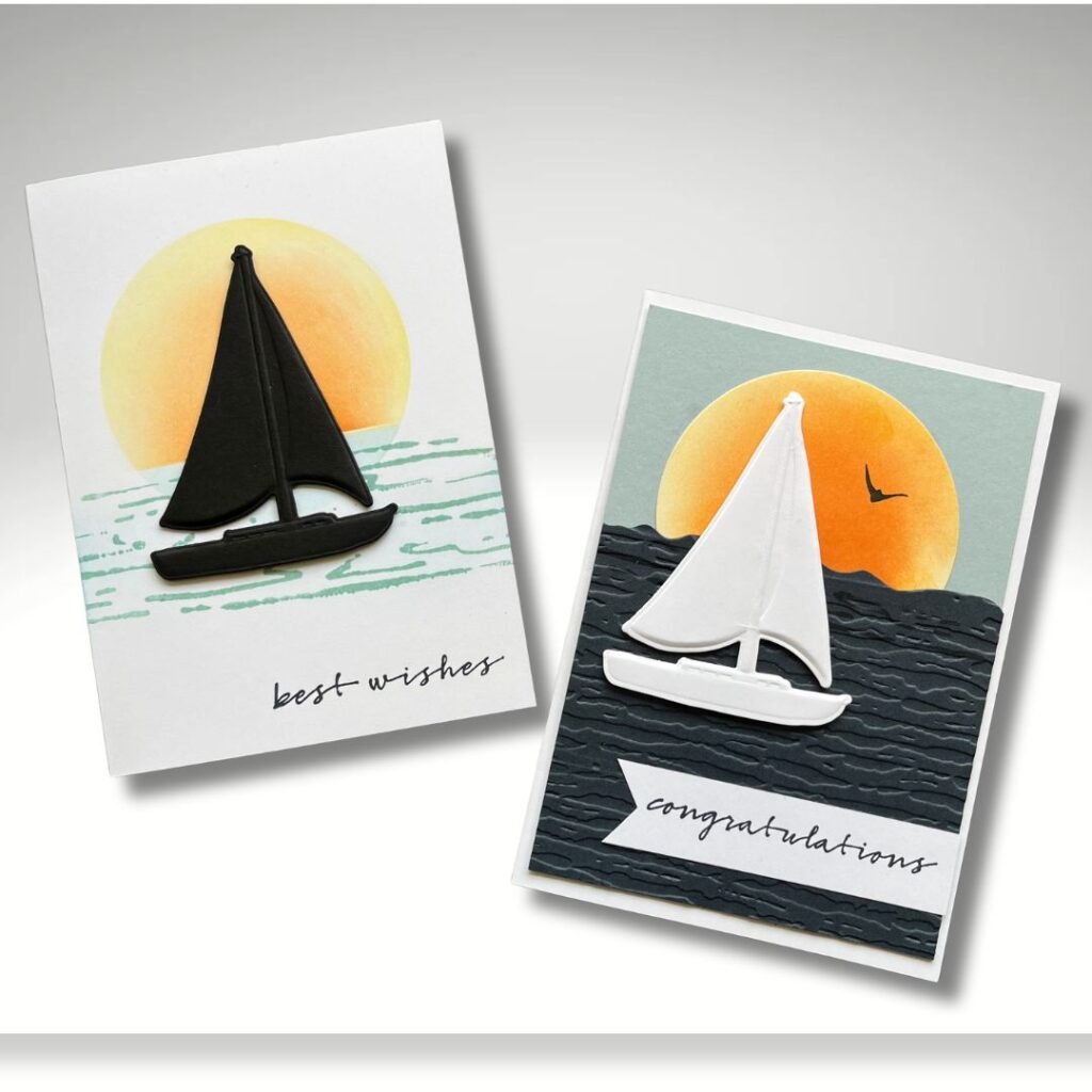 Hand made cards using the Sunset Sailings bundle from Stampin' Up! Silhouette and sunrise effects