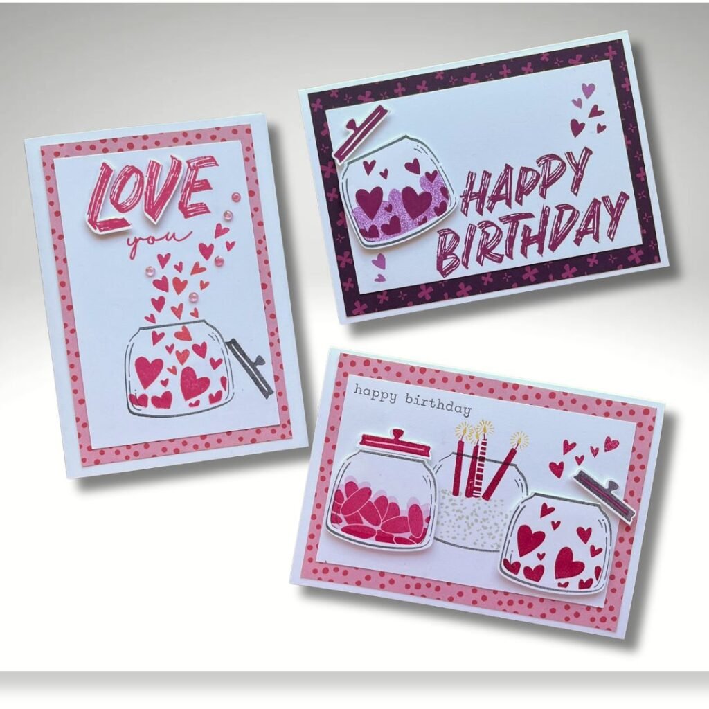 Three cards made using the Sweet Jar bundle from Stampin' Up! with the Layered Thoughts sentiment stamps