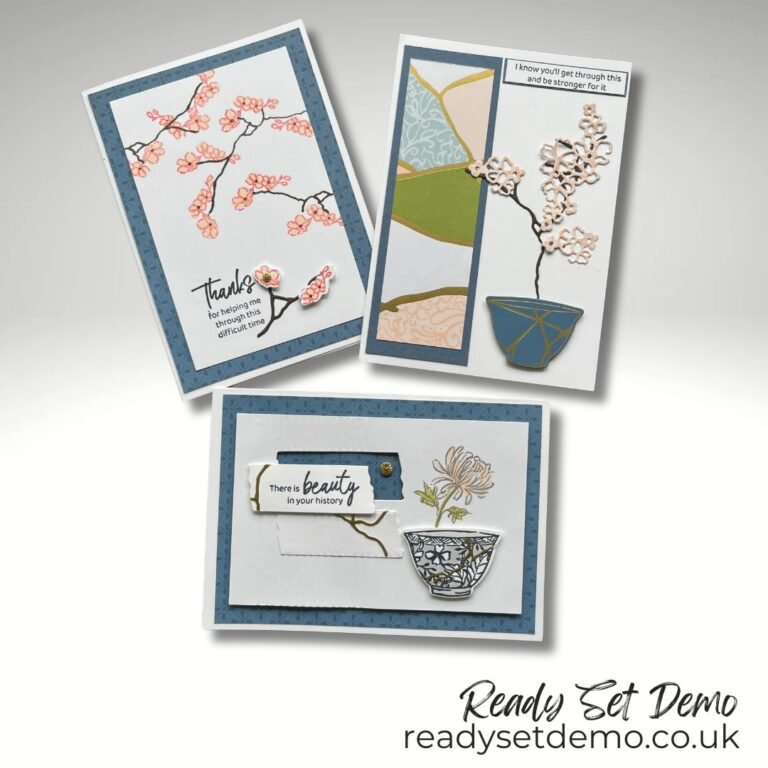 Three cards made using the Kintsugi Inspirations suite and Inspining Imprefections stamps from Stampin' Up!