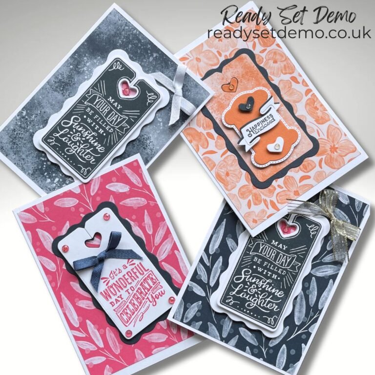 Four cards made using the Paper Tags Bundle from Stampin' Up! with new In Color Designer Paper