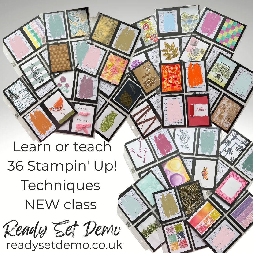 36 different Stampin' Up! technique sampler cards for a new class