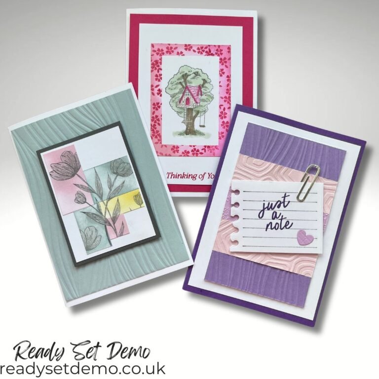 Trio of handmade technique cards featuring Just a Note, Spotlight on Nature and Framed Scenes from Stampin' Up!