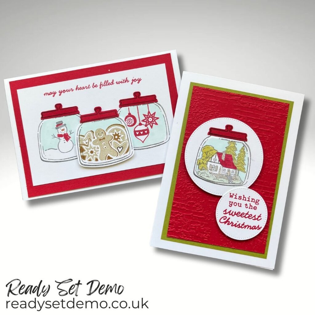 Two Christmas cards made using the Jar of Joy Stamps and Framed Scenes stamps from Stampin’ Up! 