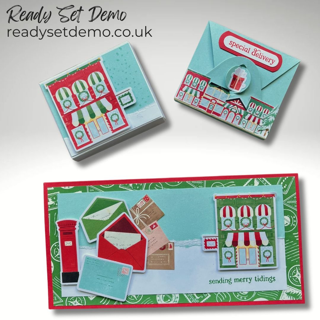 Two Jolly Delivery gift boxes and a card made with the North Pole Delivery DSP from Stampin’ Up!