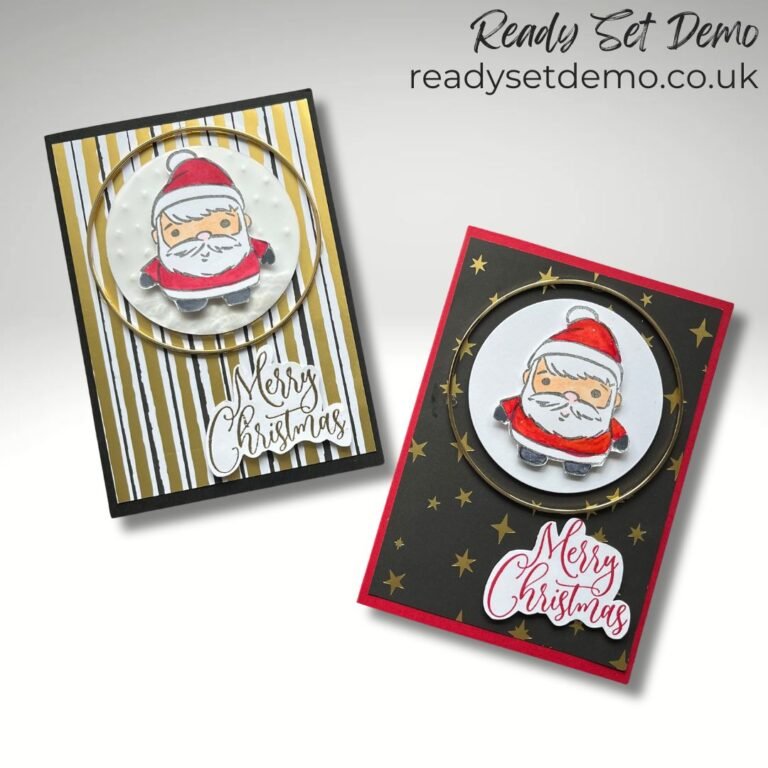 Handmade Santa Christmas cards made using Vellum and Versamark techniques. Stamps used are Festive Friends from Stampin’ Up!