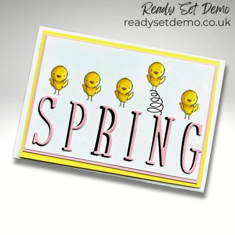 Card showing a cute spring chick bouncing of the word SPRING