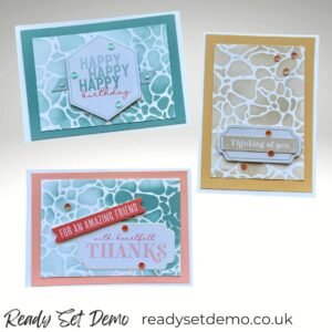 Three handmade cards made with the Water and Dotted Lines Mask from Stampin’ Up!