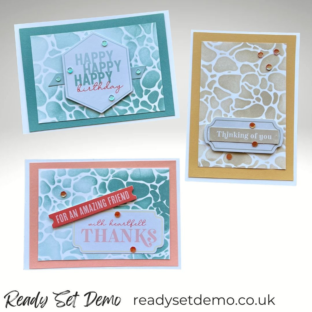 Three handmade cards made with the Water and Dotted Lines Mask from Stampin’ Up!