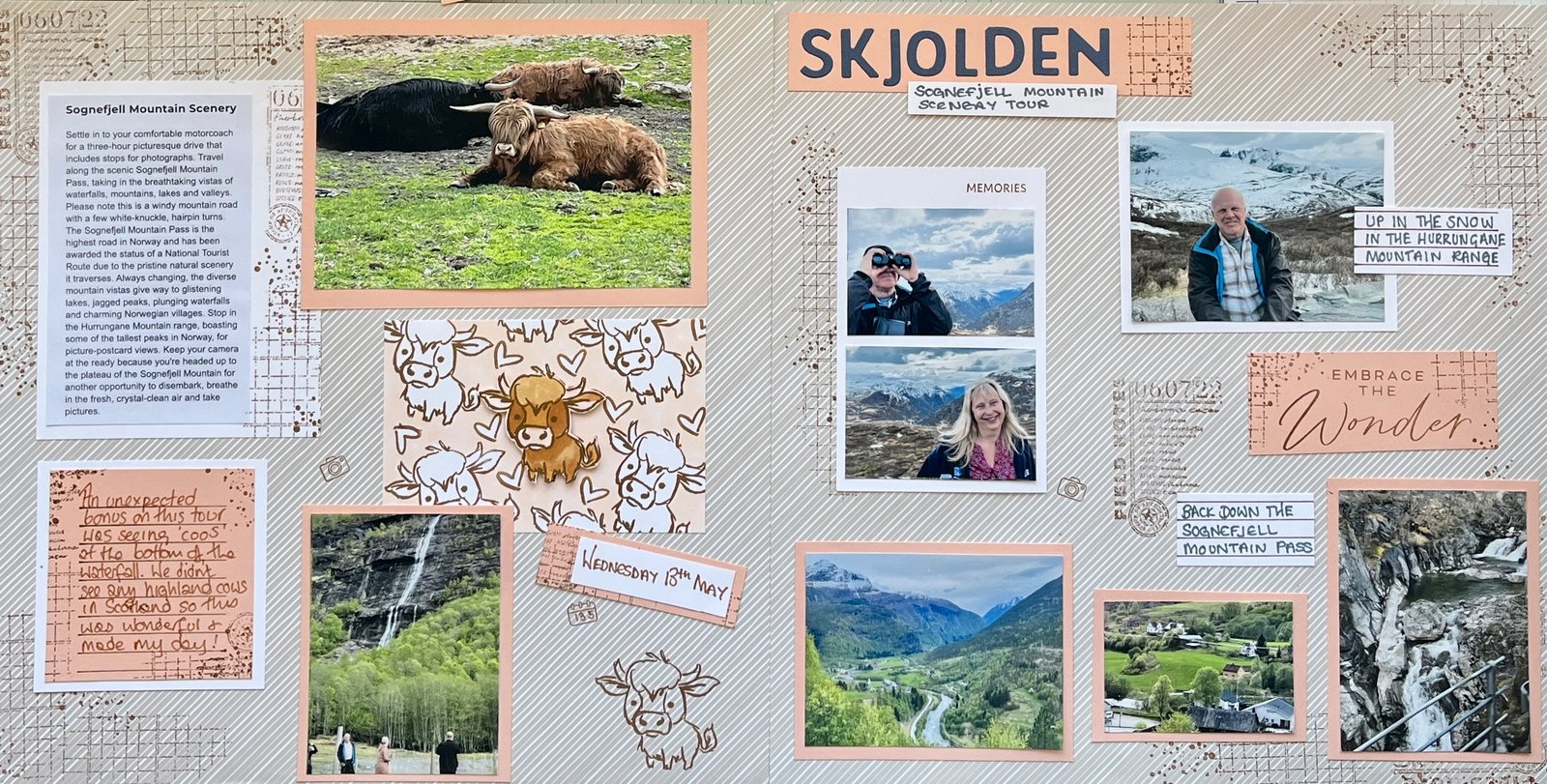 Scrapbook layout featuring Norway trip and using coloring of DSP
