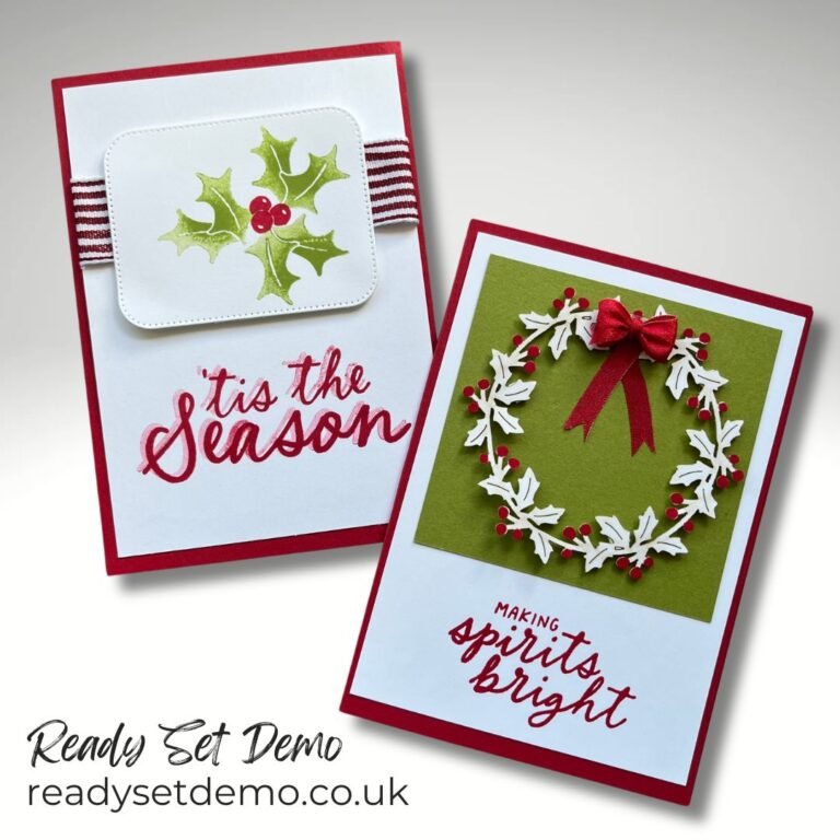 Two Christmas cards in red and green with ribbons